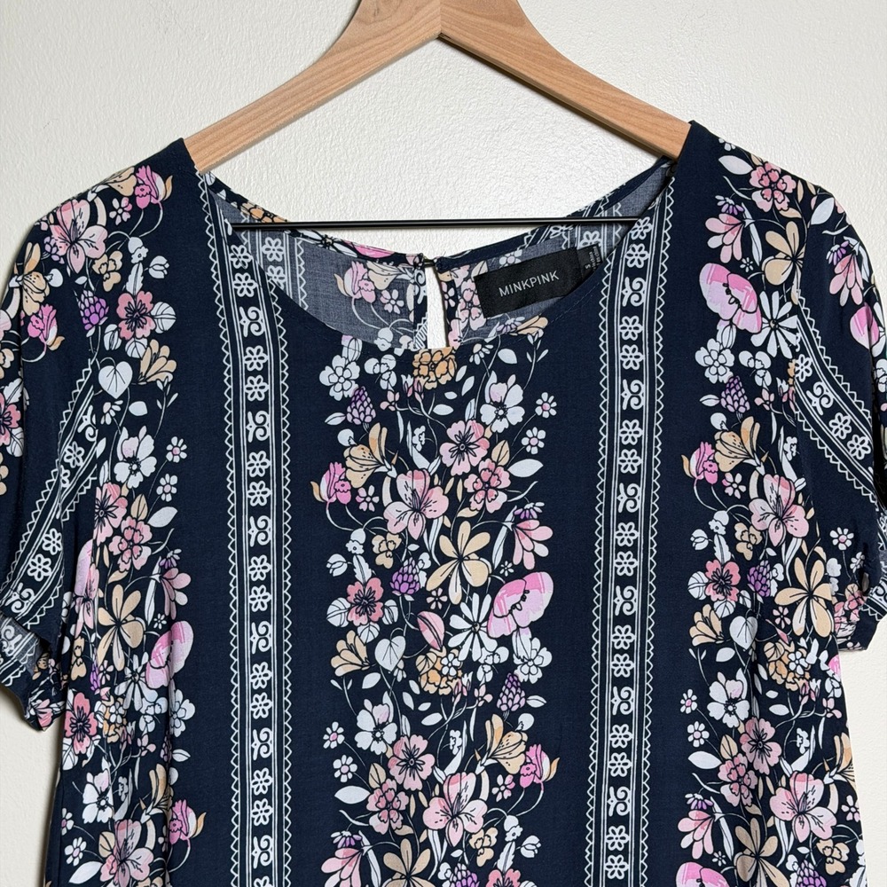 Minkpink Navy Blue Floral Border Print Viscose Short Sleeve Shift Mini Dress S - Picture 4 of 8